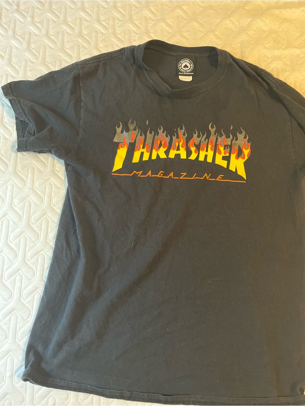 Thrasher Black Tee with Yellow-Orange Flame Logo